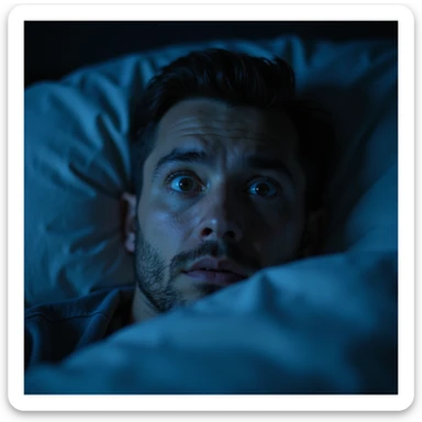 close-up of a man awake in bed during the night, wide open eyes and anxious look, nighttime environment, soft blue light, realistic hyperrealistic details, 4K quality sticker
