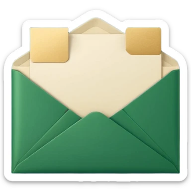 3D minimal open envelope with paper sliding out, matte finish, deep green (#0B3D2C) envelope, cream (#F5F5DC) paper, subtle gold (#C9B037) edge, Apple style, ultra clean, soft shadow, transparent background sticker