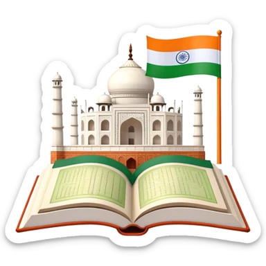 An icon featuring the Taj Mahal and the flag of India, symbolizing the Hindi language. The design includes an open book with hindi text, representing language learning and cultural richness. Transparent background highlights the heritage of India. sticker