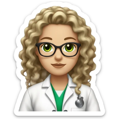white girl with long balayage curly hair and green eyes with glasses in a lab coat sticker
