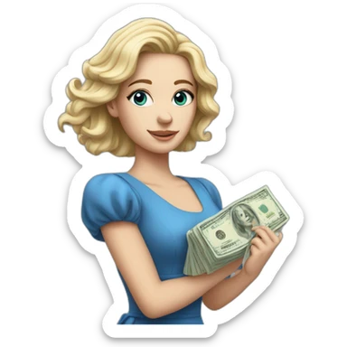 Realistc white girl in a blue dress her hair out holding the money sticker