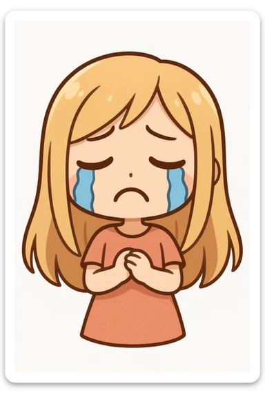 cartoon girl with long blonde hair, sad expression, crying with blue cartoon tears, frowning, plain white background sticker