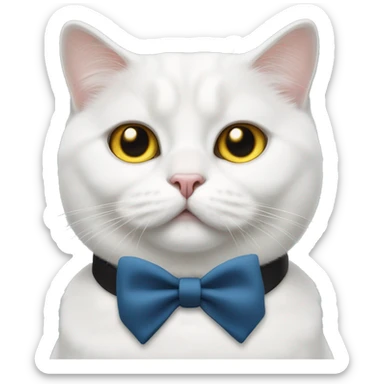 cute plump white british cat with  yellow and blue eyes with a black bow tie on his neck sticker