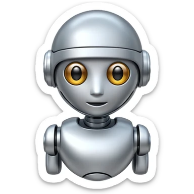 A cute futuristic robot emoji made of silver chrome, rounded friendly body, minimal facial features, glossy metallic surface, soft reflections, iOS emoji style, centered, clean white background sticker