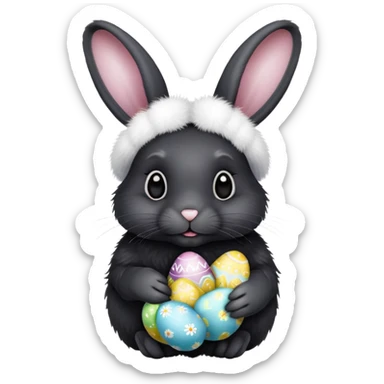 Black rabbit with white nose and holding easter eggs sticker