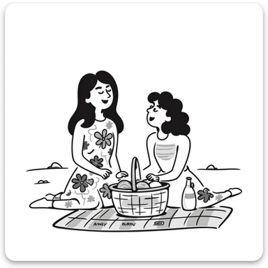 A brunette with straight hair laughs among friends at a picnic, wearing a light summer dress, her hair messy from the wind sticker