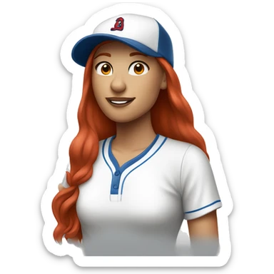 standing up white female coach with long red hair in white t-shirt and with a simple blue baseball hat sticker