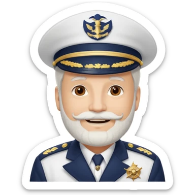 A light-skinned mid-aged man with brown eyes and white beard, smiling while wearing a white captain’s hat with a navy emblem. sticker