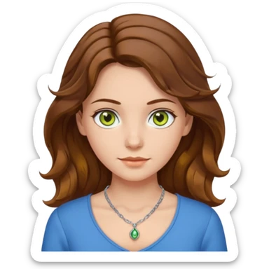 girl with brown, wave, middle hair, green- yellow eyes in white top with blue blouse and selver necklace sticker