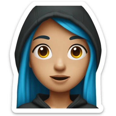 girl with long blue hair in a black hoodie has a surprised face sticker