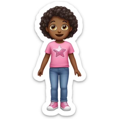 toddler child with dark hair wearing a pink tshirt with a sparkly star and blue jeans with a pink butterfly on the right leg sticker