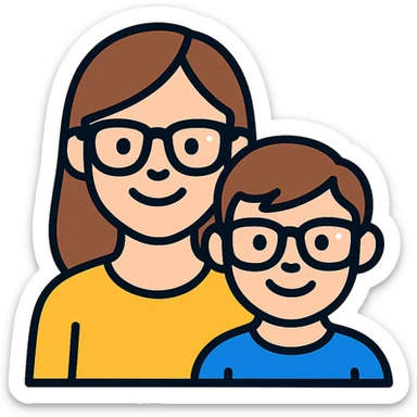 A happy woman with brown hair and a child boy, both wearing Ray-Ban glasses sticker