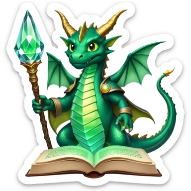 Icon for Fantasy and Sci-Fi Literature: a magical book with glowing pages, surrounded by a dragon, a spaceship, and a wizard with a staff. The icon should capture the adventurous and imaginative world of fantasy and science fiction. Transparent background. sticker