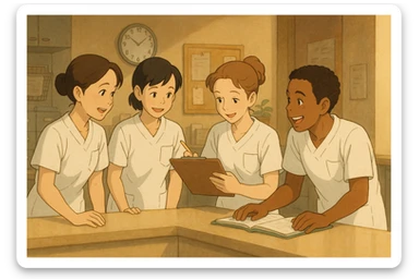 quatre étudiants infirmiers en pleine collaboration et interaction dans un poste de soin, ambiance d'équipe, style Ghibli, tenues uniformes blanches à manches courtes, hauts de type tunique médicale avec col en V et poche poitrine côté gauche, pas de pied de col, pas de stéthoscopes, pas de vêtements dépassant des manches, ambiance chaleureuse sticker