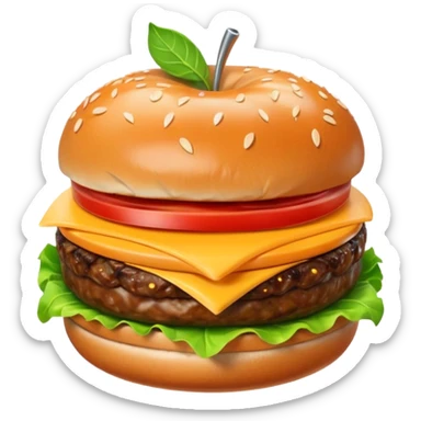A classic single patty hamburger emoji, 3D Apple style, glossy and colorful. Soft rounded bun with sesame seeds, one beef patty, fresh lettuce, tomato slice, melted cheese, realistic but cartoonish look, clean white background sticker