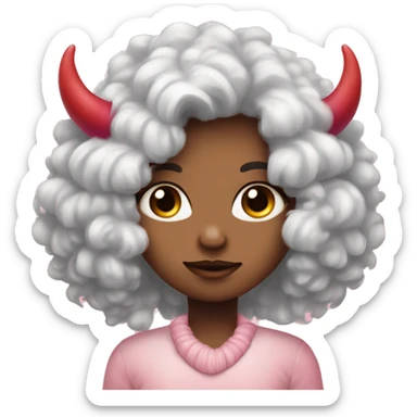 a shy cold cute girl with pik fluffy hair with pink heart eyes and lil red horns sticker