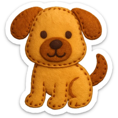 <StylePrompt>
  <Name>Felt Appliqué Plush Style</Name>
  <Description>A soft, handcrafted look inspired by plush felt fabric with visible stitching and a padded 3D texture, rendered on a solid black background.</Description>
  <VisualProperties>
    <Material>Felt</Material>
    <Texture>Soft, fuzzy, with slight fiber detail</Texture>
    <Stitching>
      <Type>Thick thread</Type>
      <Color>Orange or slightly darker tone than fabric</Color>
      <Pattern>Uniform running stitch along outer edge</Pattern>
    </Stitching>
    <Padding>High, plush-like 3D depth</Padding>
    <Edges>Rounded corners</Edges>
    <ColorPalette>
      <Primary>Warm yellow/orange tones</Primary>
      <Accent>Brown or dark orange for facial features and outline</Accent>
      <Background>Black</Background>
    </ColorPalette>
  </VisualProperties>
  <Rendering>
    <Lighting>Soft, even studio lighting</Lighting>
    <Shadows>Subtle drop shadows for depth</Shadows>
    <Perspective>Flat front-facing, symmetrical if applicable</Perspective>
  </Rendering>
  <Applicability>
    <SubjectType>Any object, animal, or letterform</SubjectType>
    <OutputFormat>Icon, emoji, patch-style graphic</OutputFormat>
  </Applicability>
</StylePrompt>

{subject} = dog sticker