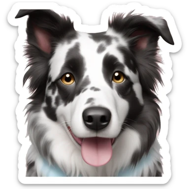 Brindle border collie with black white and gray color pattern face is all white with blue eyes spots around eyes and spots on pink nose sticker