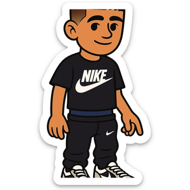 chico de pelo moreno, corte taper fade, flequillo a las cejas, camiseta Nike negra, pantalones Nike negros bajados, zapatillas Dior blancas sticker