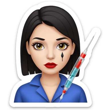 White woman with dark hair and makeup with syringe on a face sticker