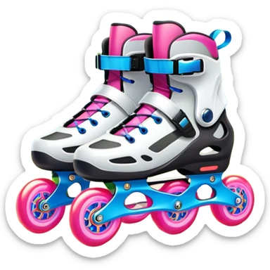An icon featuring a pair of colorful rollerblades placed on a smooth path. The background showcases a picturesque park with lush greenery, blooming flowers, and a clear blue sky with soft clouds. The bright sunlight adds a cheerful touch to the scene. Transparent background sticker