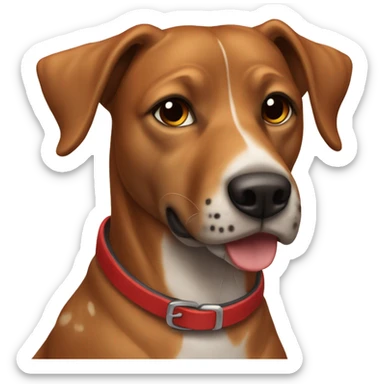 A Kurtzhaar dog with a brown head and spotted body and a red collar sticker