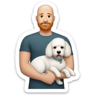 Bald big man with ginger beard and Bichon frise sticker