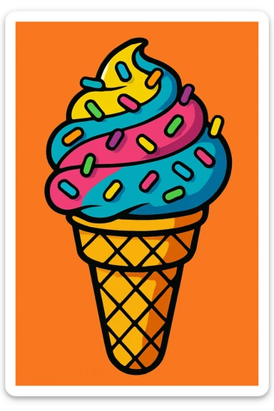 colorful ice cream cone with sprinkles, vibrant cartoon style sticker