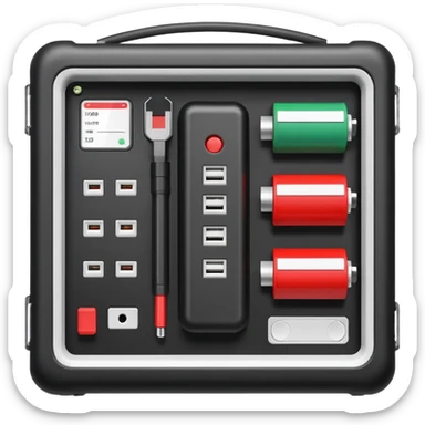 An open black hard-shell test case, inside: technical control panel, a power outlet, USB port, and colored test sockets. A large roll of white test labels lies next to the equipment, along with one red test probe. sticker