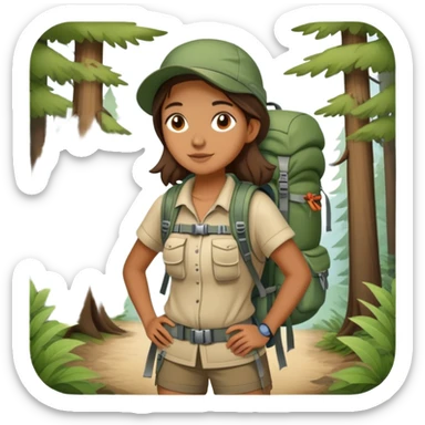 Girl with hiking backpack and camping gear in forest, Melissa Backwoods sticker