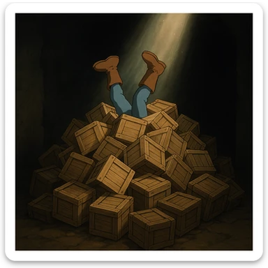 A pile of small oblong crates hidden in a dark area with a beam of light shining from above, with someone’s boots sticking out like they dove in sticker