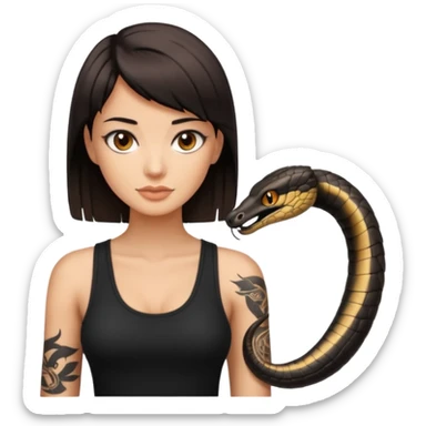 Femme brune yeux marron avec une coupe carré noir qui descend sur l'épaule , femme couleur de peau un peu bronzé mais pas metisse, avec un cobra a côté , débardeur noi , avec un tatouage sur le bras droit sticker