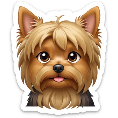Cinematic Cute Yawning Yorkshire Terrier Portrait Emoji, Head tilted with a playful, drowsy expression and droopy, adorable eyes, featuring a soft, well-groomed fur in rich hues, simplified yet irresistibly endearing, highly detailed, glowing with a warm, cozy radiance, high shine, exuding a relaxed yet spunky charm, styled with a gentle, soft glowing outline, capturing the essence of a Yorkshire Terrier mid-yawn that seems as if it could cuddle right off the screen! sticker