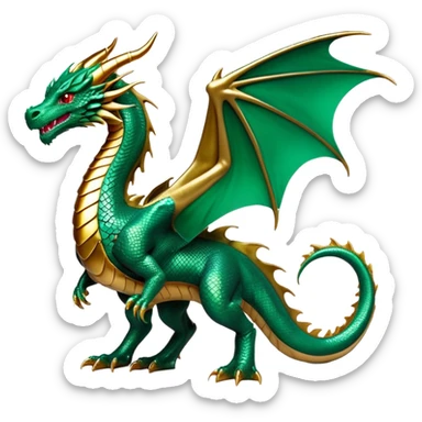 cinematic-noble-dragon-full body-emoji,-poised-and-majestic,-with-a-sinuous,-elongated-build-and-shimmering,-scale-covered-skin-in-hues-of-emerald-and-gold,-piercing,-fiery-eyes,-simplified-yet-sharp-and-sophisticated-features,-highly-detailed, zoomed out showing the serpentine body sticker