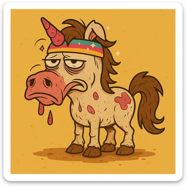 Add sparkles to the bright unicorn headband. Keep the cartoon style. The unicorn remains dirty, crumpled, with bags under its eyes and a drooping horn. sticker