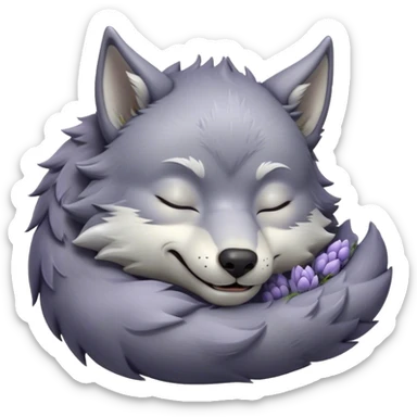 Meme-Worthy Cute Sleeping Werewolf Portrait Emoji, with a cuddly, miniature lupine form in soft moonlit grays and silvers, head resting peacefully with gently closed dreamy eyes and a small, content smile, simplified yet irresistibly endearing, highly detailed with a soft glowing outline that captures the cozy, sleepy essence of a werewolf after frolicking under the full moon! sticker