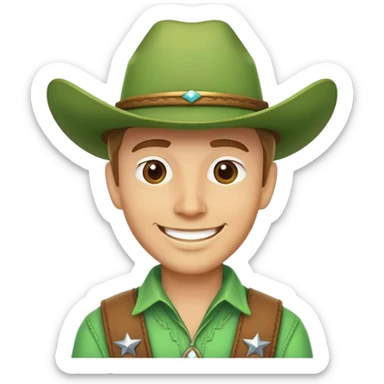 Smiling cowboy wearing a bright green cowboy hat sticker