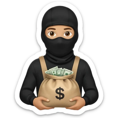 создай человека в черное одежде и черной балаклаве с большим мешком денег в руках sticker