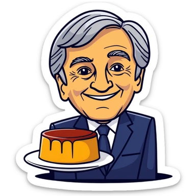 cartoonish sticker emoji of a flan with a human face resembling François Fillon, smiling, fun whimsical style sticker