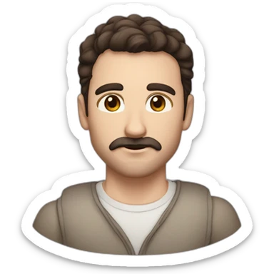 A young Caucasian man with dark brown eyes, almond-shaped eyes, short dark brown hair, and a small dark brown beard with a more prominent mustache. sticker