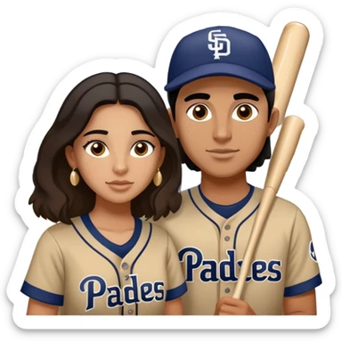 Couple in love in a game. They are girlfriend and boyfriend. Not sibling. Girl has medium cheeks and freckles on the nose. Long light brown hair. The boy has black hair and prominent eyebrows with egipcian nose. Both are wearing “Los Padres” baseball jerseys and with a sign that says “Go Padres” sticker