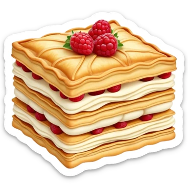 Mille-feuille Cinematic Realistic Mille-Feuille Dessert Emoji, depicted as a delicate pastry composed of two crisp layers of puff pastry with a rich cream filling, rendered with intricate textures and elegant, soft lighting. sticker