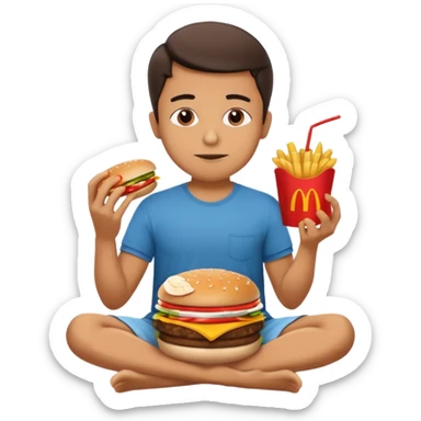 man in lotus pose eating McDonalds burger and fries sticker