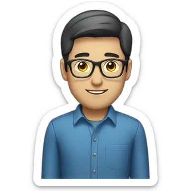 male employee dark short hair glasses blue shirt sticker