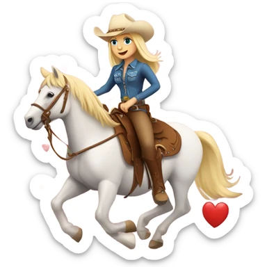 A cowgirl with blonde hair riding a horse with hearts around them sticker
