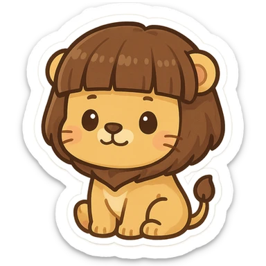 lion with a bowl haircut, straight bangs, cute and expressive, chibi stickers style sticker