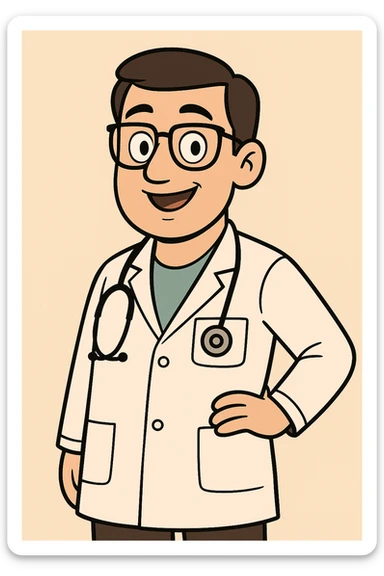 male doctor in modern cartoon style with white coat, stethoscope, friendly expression, vibrant and clean look sticker