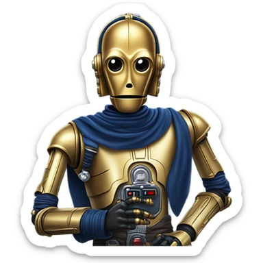 darkblue-pearl smiling bounty hunter c3po droid wearing backpack, saddlebags and light saber ready to fight at ease. steampunk sticker