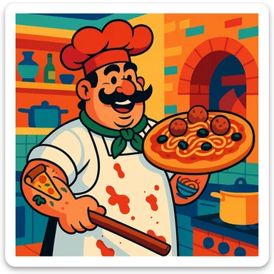 A tall, burly Italian chef with a thick black mustache and a big red chef hat, wearing a white apron stained with tomato sauce. He’s holding an oversized, loaded pizza topped with spaghetti, meatballs, and olives. His tattooed arms show pizza and pasta motifs. Colorful and cartoonish style with exaggerated features and a lively Italian kitchen background. sticker