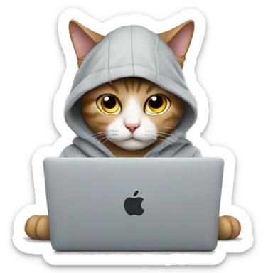 cat with hoodie and a macbook sticker